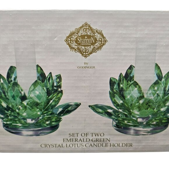 Shannon Crystal Emerald Green Crystal Lotus Candle Holders Godinger NIB JJ3973 - Picture 7 of 15